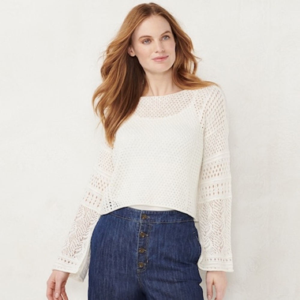 LC Lauren Conrad white bell sleeve knit crop top
